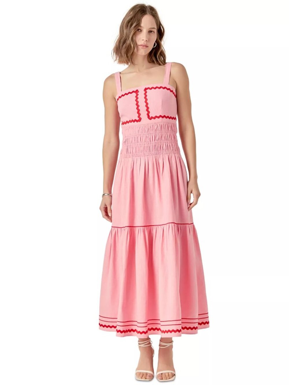 English Factory Women's Ric Rac Square-Neck Maxi Dress Pink /Red Size M